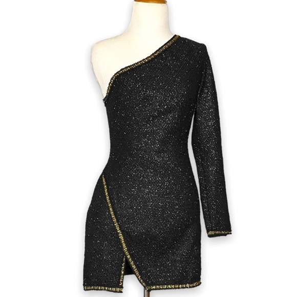 ZARA Black Gold One Shoulder Dress Blogger Favorite Size Small - Picture 2 of 10